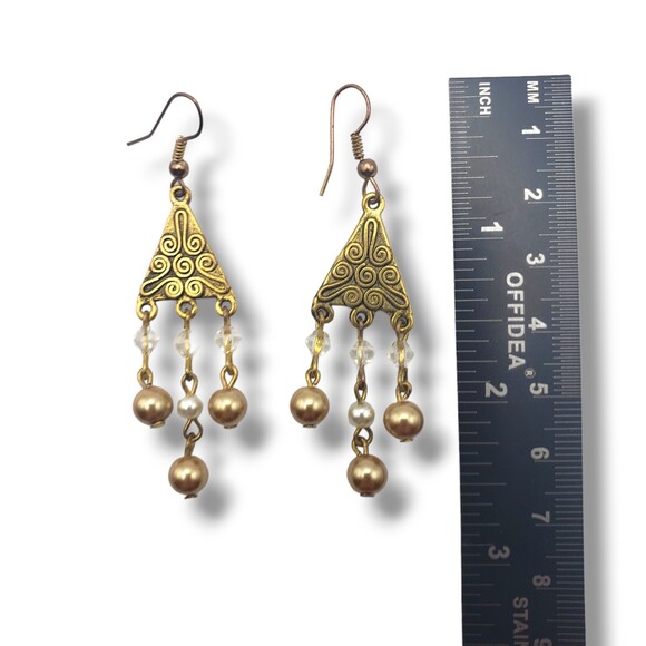 Vintage Gold Brass Tone Dangle Drop Chandelier Faux Pearl Hook Earrings - Picture 7 of 7